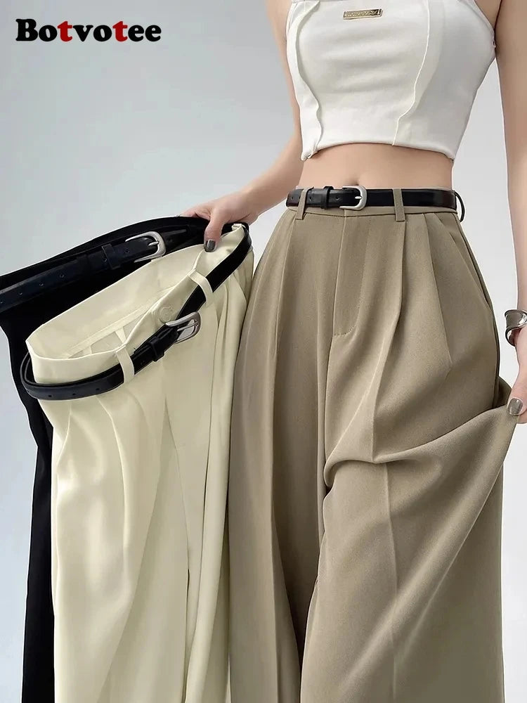 Pantalon de bureau, jambes larges, taille haute, avec ceinture