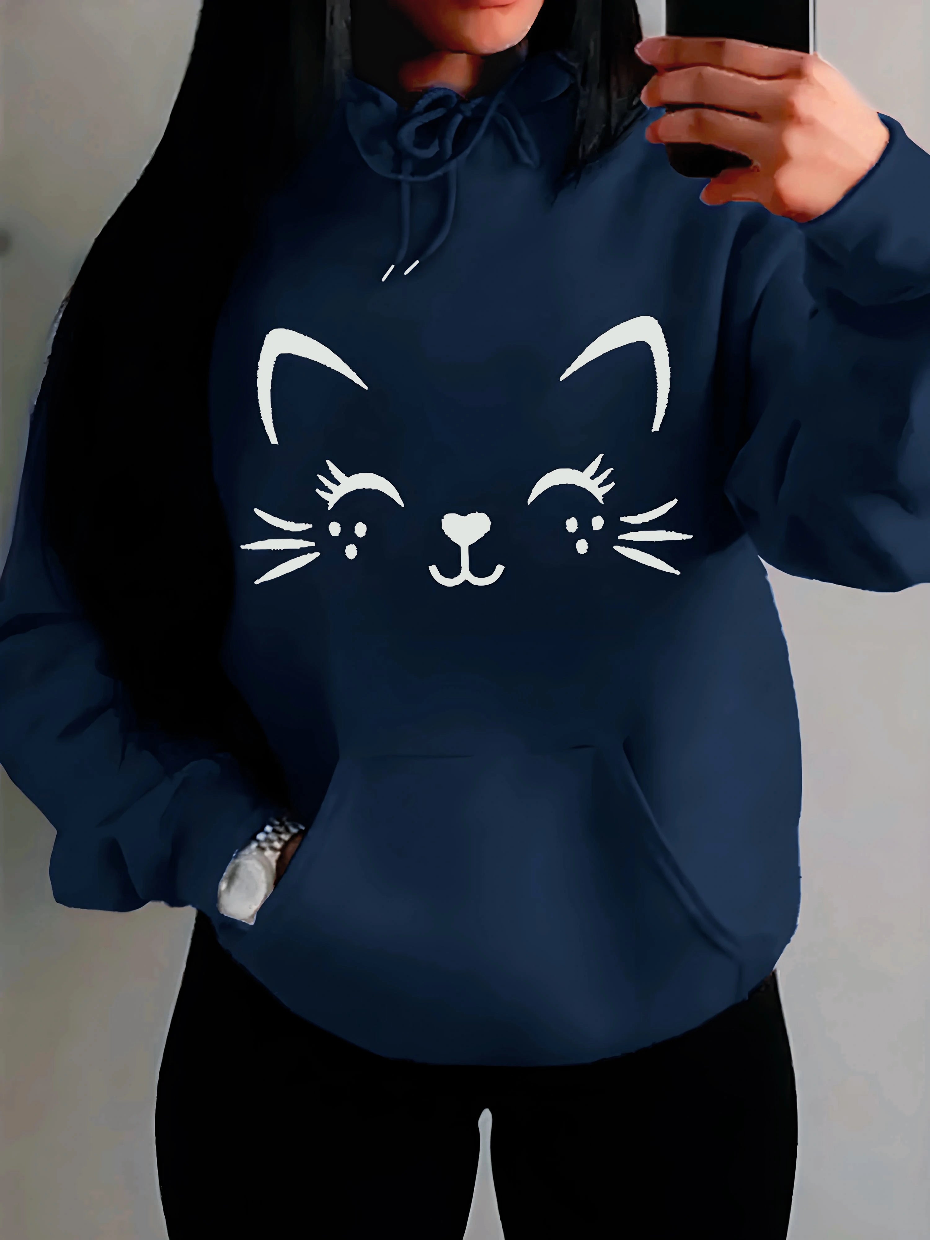 Sweat à capuche en peluche, motif chat heureux