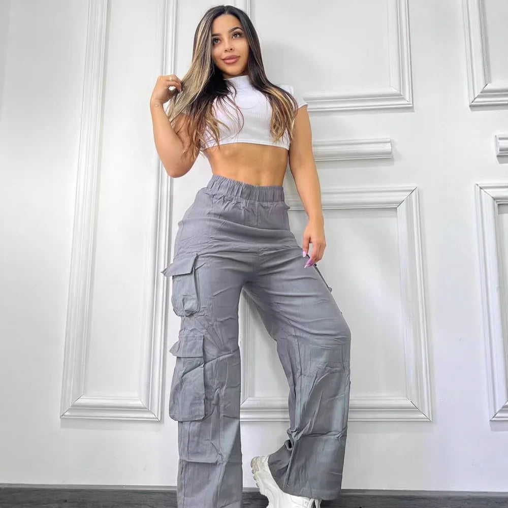 Pantalon décontracté, multipoches, taille haute