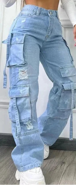 Jean cargo multipoches, taille haute