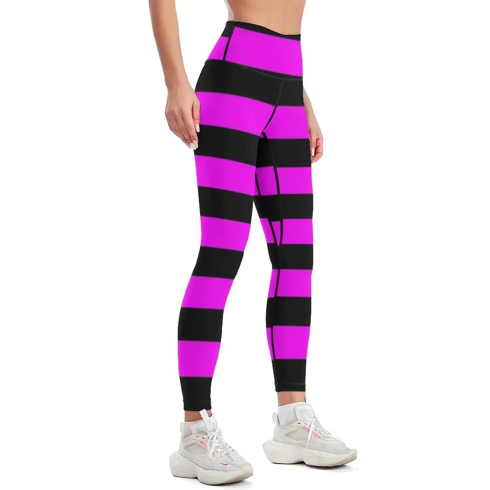 Leggings à rayures noires et rose vif, pantalons de sport