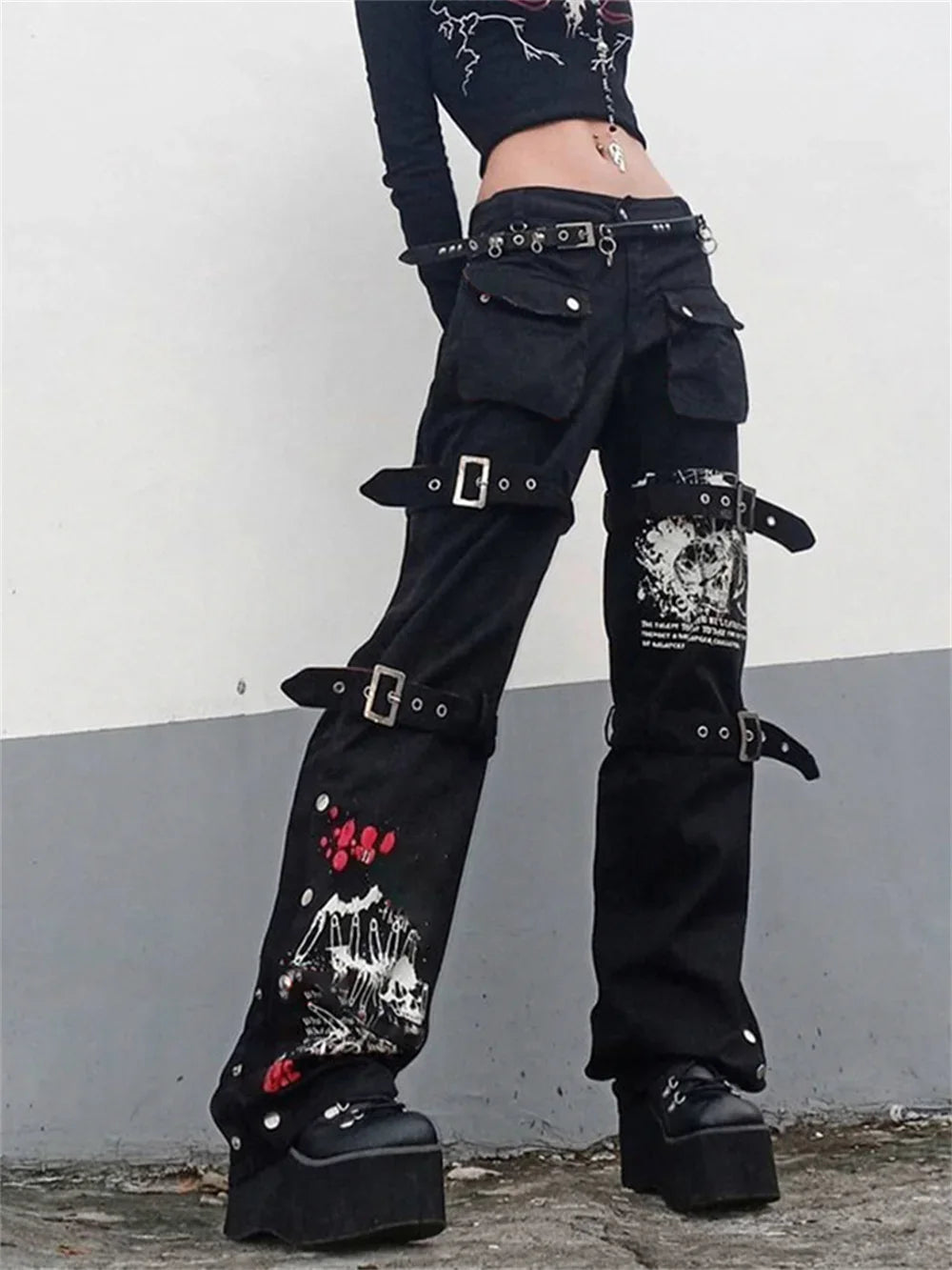 Jean Cargo Cyberpunk Noir & Rouge Volcan
