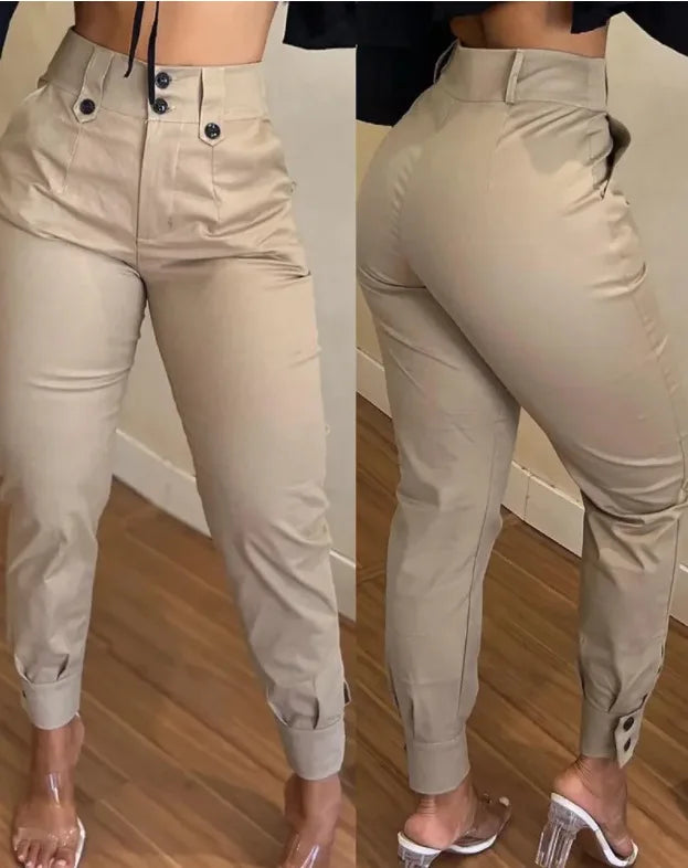 Capris-Pantalon cargo épissé pour femme, poches, monochromatique, taille haute, fermeture éclair, mouche, maigre, décontracté, bouton, crayon, longueur rinçage, 2024
