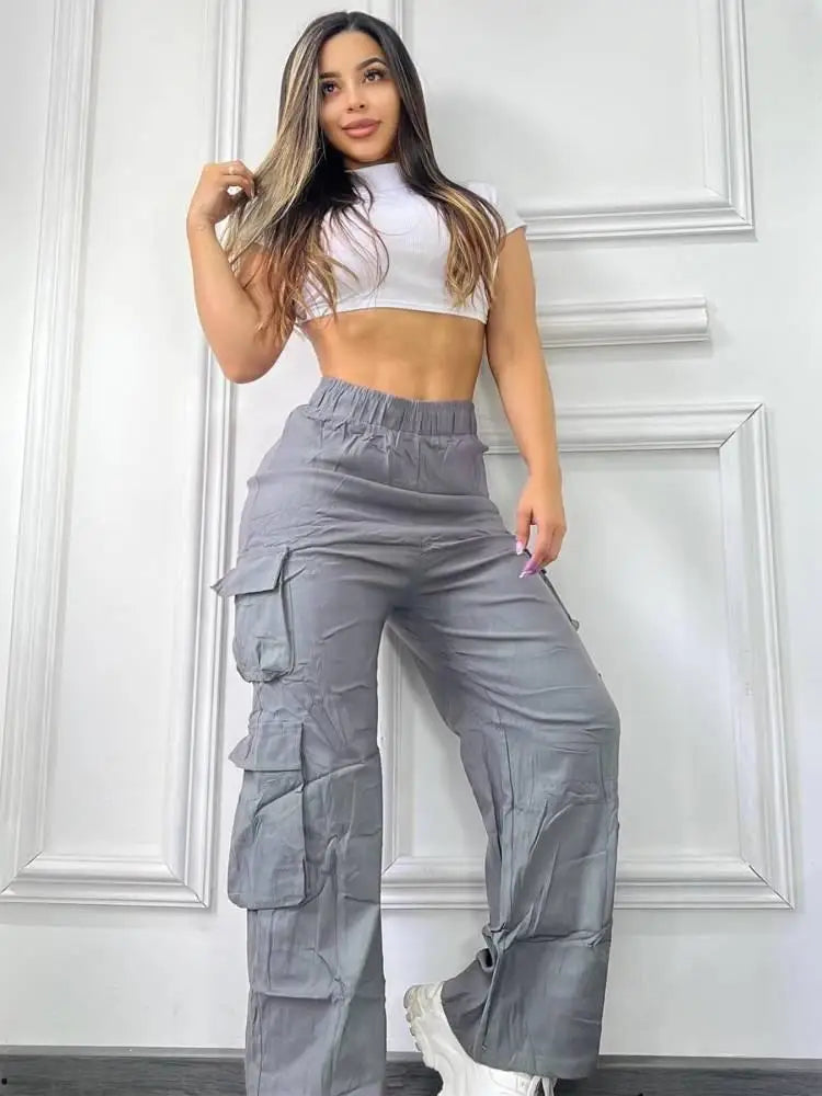 Pantalon décontracté, multipoches, taille haute